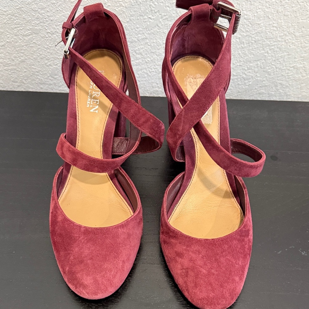Ralph Lauren Wine Suede Crisscross Ankle Strap Heels Size 10